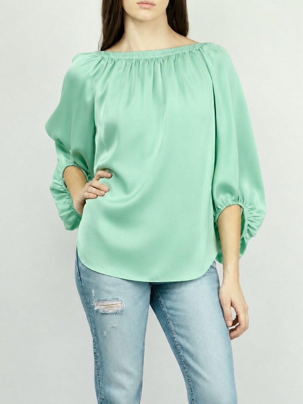Smythe Balloon Sleeve Blouse Mint Green Silk-Look Top Size Large